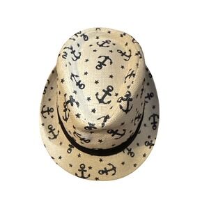 Lucky 7 Anchor Fedora Hat, Nautical Print, Black Band, Summer Beach Sun‎ Hat